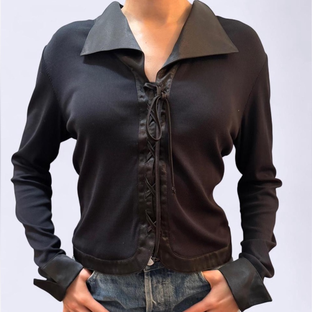 Black Long Sleeve Lace-Up Top Blouse